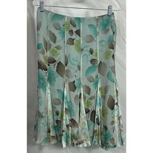 Nine West 100% Silk Floral Midi Skirt Size 14 Aqua Green Brown Pleated